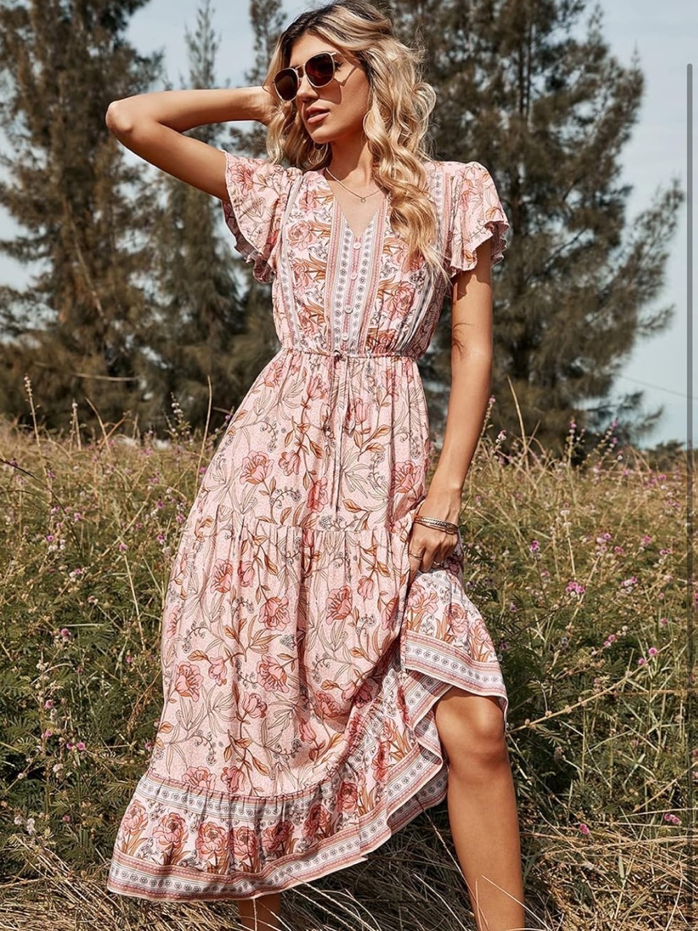 Boho Floral Pink Midi Dress with Ruffle Sleeves